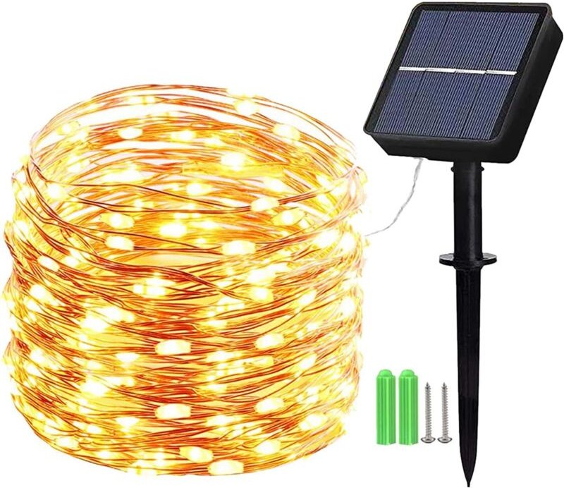 Solar-Lichterkette für draußen, 10 m, 100 LEDs, Kupferdraht-Lichterkette, 8 Modi, für die Dekoration von Bäumen im Garte...