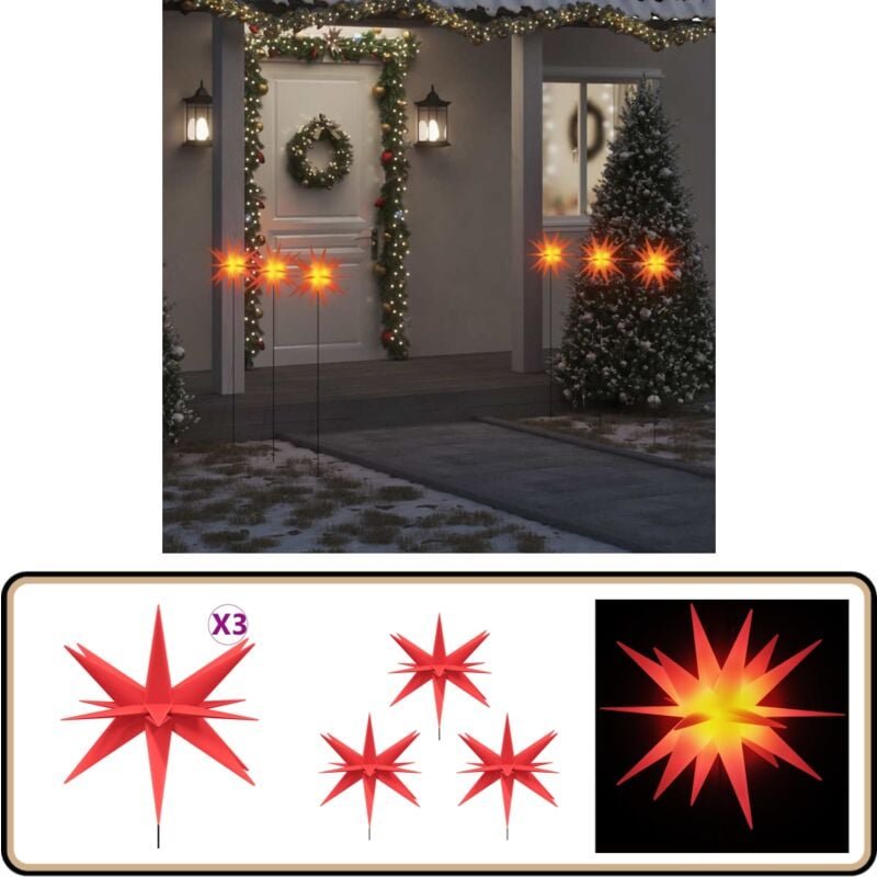 Thumbnail - LED-Weihnachtssterne 3 Stk. mit Erdspießen Faltbar Rot 35 cm - led Sterne - Weihnachtsdeko - Lichterkette - Outdoor Bele...