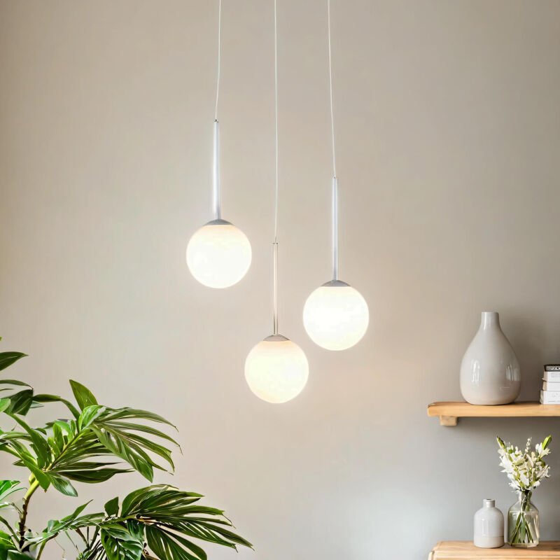 Thumbnail - Pendelleuchte Metall Glas 44 cm breit h: max. 200 cm Weiß E14 3-flammig Kugel Schirm rund Modern