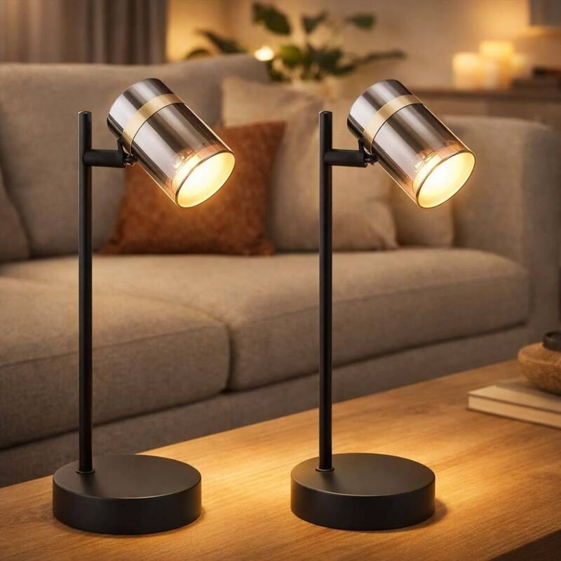 Tischleuchte schwarz Schreibtischleuchte Glas Nachttischlampe schwenkbar, Metall, GU10 Fassung, LxBxH 13,2x12x35 cm, 2er...