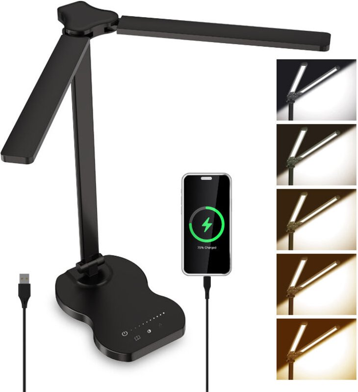Dual-Head-Touch-LED-Schreibtischlampe mit 5 Farben und 10 Helligkeitsstufen, verstellbares Leselicht, augenschonende Tis...