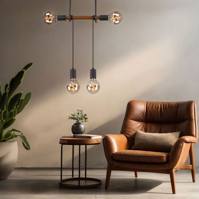 Hängeleuchte Höhenverstellbar Pendelleuchte Esszimmerleuchte Holz, Metall schwarz braun, 4x E27 Fassungen, LxBxH 39x6x10...