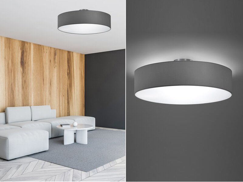 Runde led Deckenleuchte mit Stoffschirm in Grau, ø 50cm