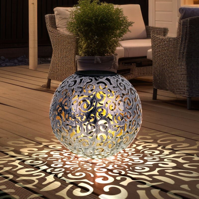 Led Solarlampe Gartendeko Außenlampe Terrassenleuchte silber antik Kugellampe mit Erdspieß, Dekorstanzungen, Metall, war...