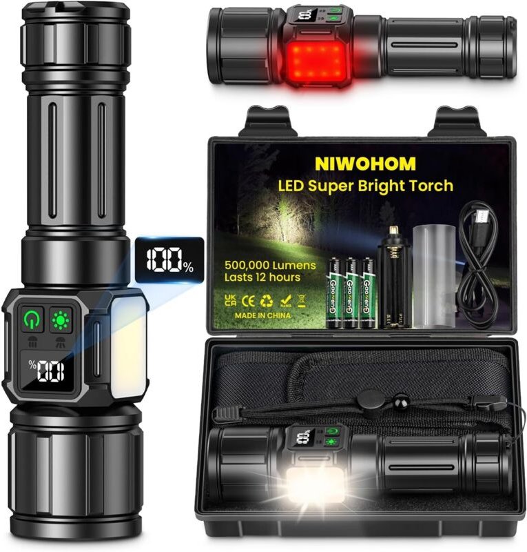 Extrem leistungsstarke LED-Taschenlampe, wiederaufladbar, 9 Zoom-Leuchtmodi, Magnetfuß, wasserdicht (IP67), ideal für Ca...