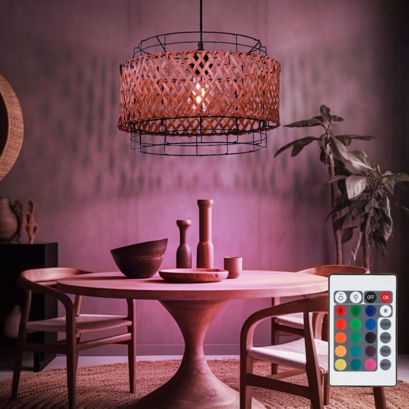 Thumbnail - Bambus Lampe hängend Hängelampe Esstisch Deckenlampe Boho Style Pendelleuchte Bambus 1 flammig, Drahtgeflecht, Fernbedie...