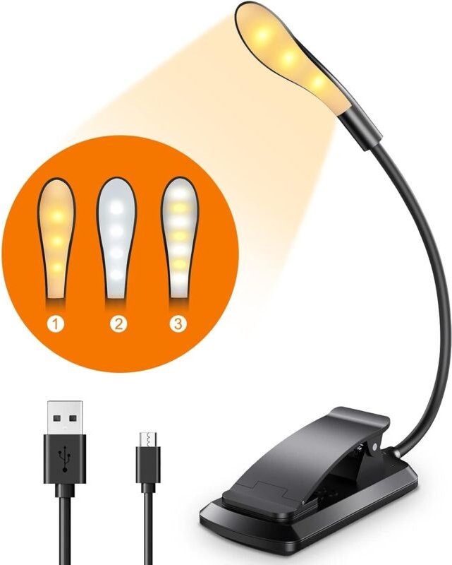 Leselampe, 7 LEDs, USB-wiederaufladbar, mit Klemmbefestigung und 9 Leuchtmodi (3 Farben: Warm, Kalt & Neutralweiß), 360°...