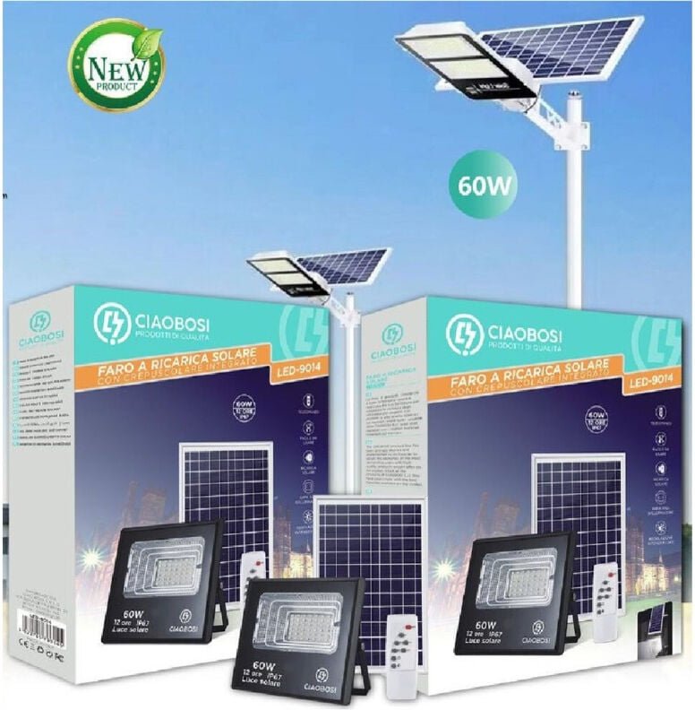 Trade Shop Traesio - Trade Shop - faretto led pannello solare fotovoltaico 60W mit crepuscola IP67 LED-9014 -
