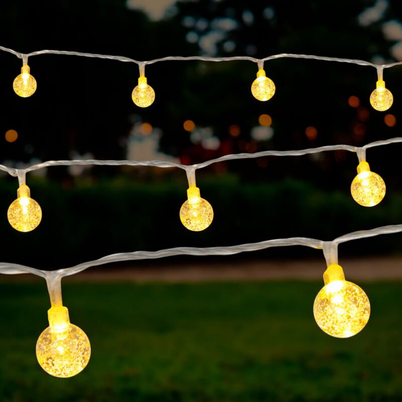 Led Lichterkette mit 50 mini Kristall Kugeln für Außen - 490 cm - Garten Deko Beleuchtung warm weiß mit Stecker