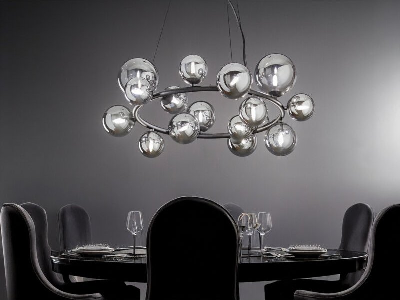 Große LED Pendelleuchte 16-flammig Schwarz-Glaskugeln Rauchglas, Ø 82cm