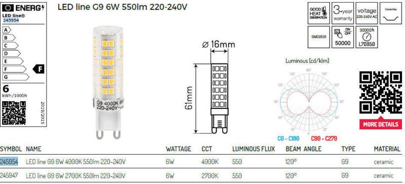 LL-G9-6W-NW-245954: LED line® G9 SMD Lampe 230V Tageslicht 6W