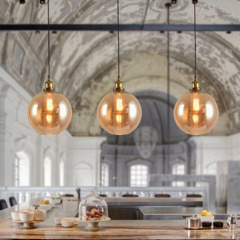 3 Stück Vintage Industrie Pendelleuchte Glas Hängeleuchte Dekorative Deckenlampe Bernstein Kronleuchter Ø20cm