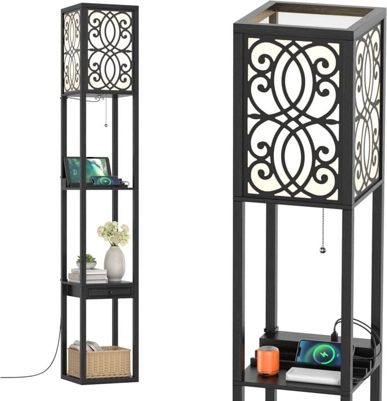 160 cm Stehlampe aus Holz, Standleuchte mit Regalen & Schublade, Lampe Regal mit USB-Ladeanschlüsse, Lampenfassung E27, ...