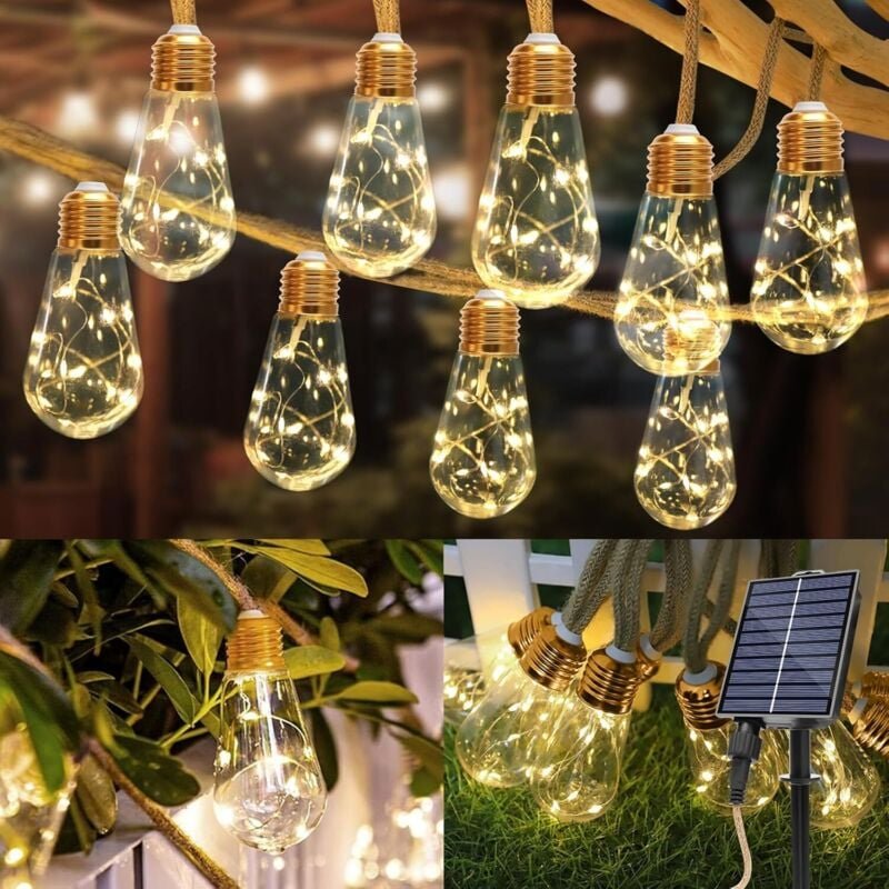 Solar-Lichterkette für den Außenbereich, 8,3 Meter, 16 Lichter, Vintage-Hanfseil, Solar-Terrasse, LED-Terrassenlicht, wa...