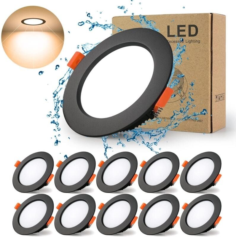 Schwarzer, extra flacher LED-Einbaustrahler, 10er-Pack, 7 w, 700 lm = 70 w Glühlampe, IP44, 3000 k Warmweiß, ac 220–240 ...