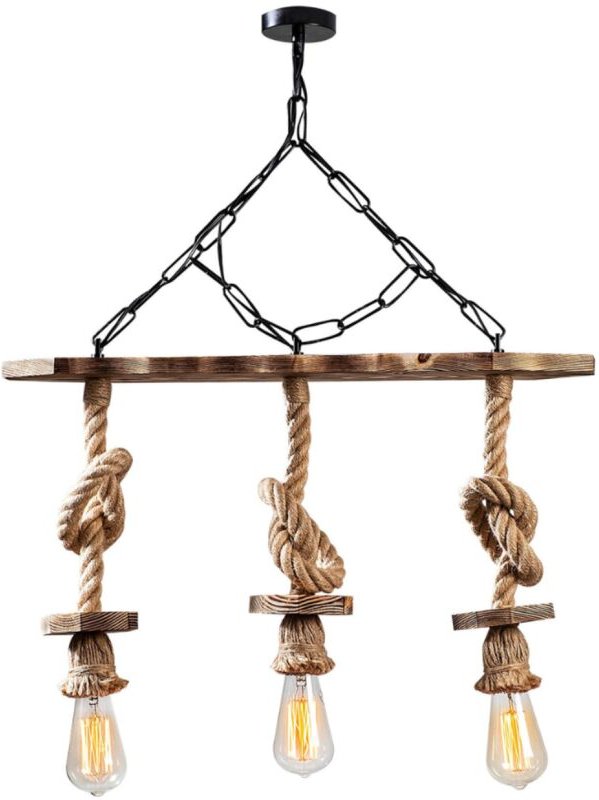 Rustikale Drahtaufhängung mit 3 Lampen aus Seilen und Holz ZYA