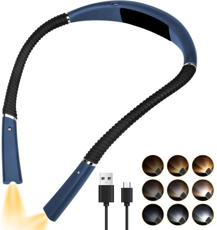Wiederaufladbare Nackenleselampe – zum Lesen im Bett – 3 Farben & 6 Helligkeitsstufen – USB-Aufladung (Blau)