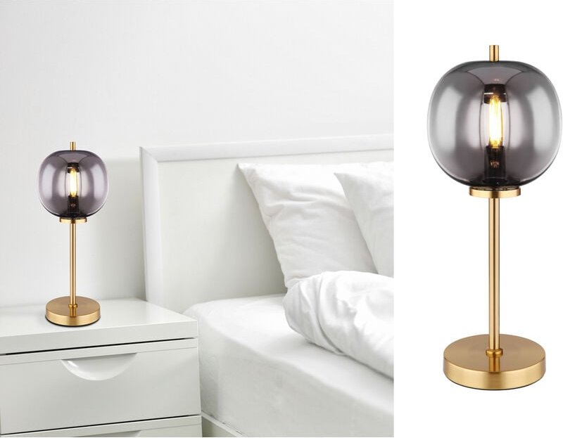 Meinewunschleuchte - led Tischleuchte mit Rauchglas Lampenschirm Metall Messing, Höhe 45cm