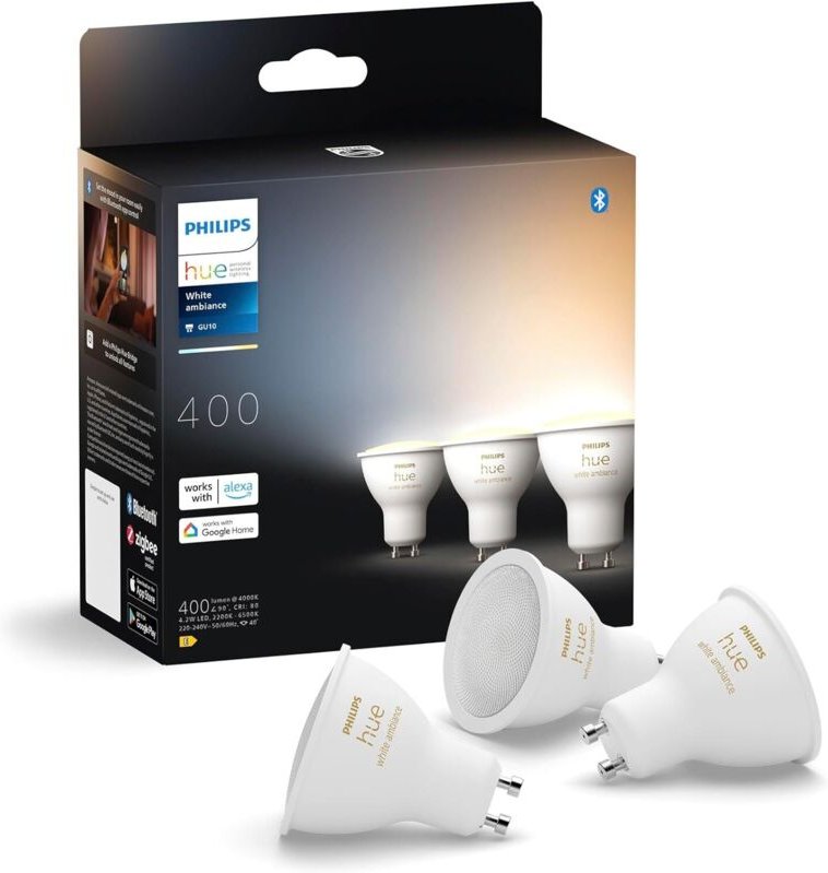 Philips Hue White Ambiance Smart-LED-Lampe, 3er-Pack, GU10-Sockel, 400 Lumen, Bluetooth-kompatibel, kompatibel mit Alexa...