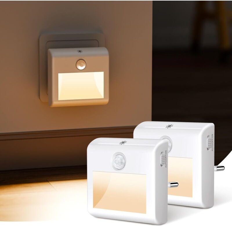 Set mit 2 LED-Nachtlichtern mit Bewegungs- und Dämmerungssensor, warmweiß, einstellbare Helligkeit, AUTO/EIN/AUS-Modi, N...