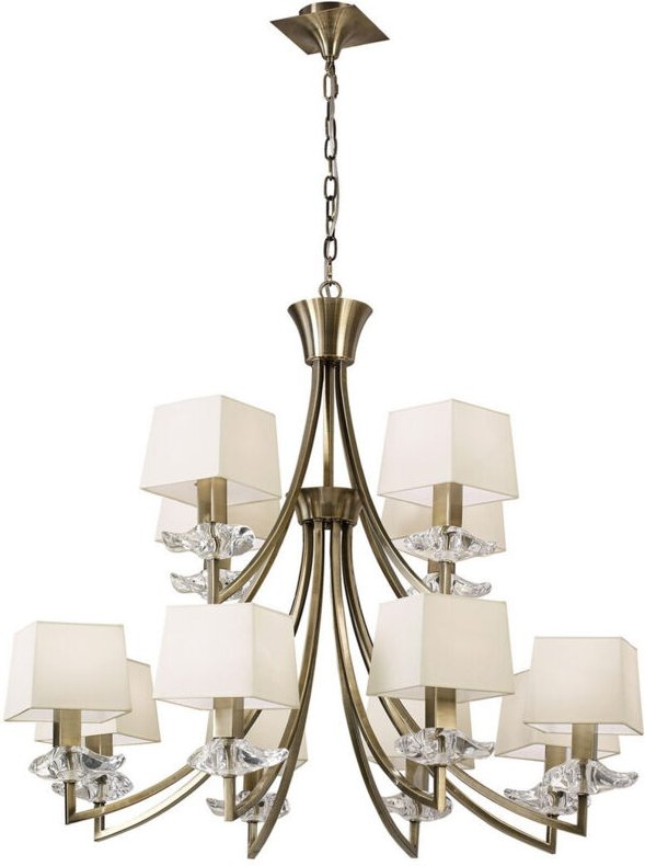 Inspired Mantra Akira Pendelleuchte mit 2 Ebenen, 12-flammig, E14, antikes Messing mit cremefarbenen Schirmen