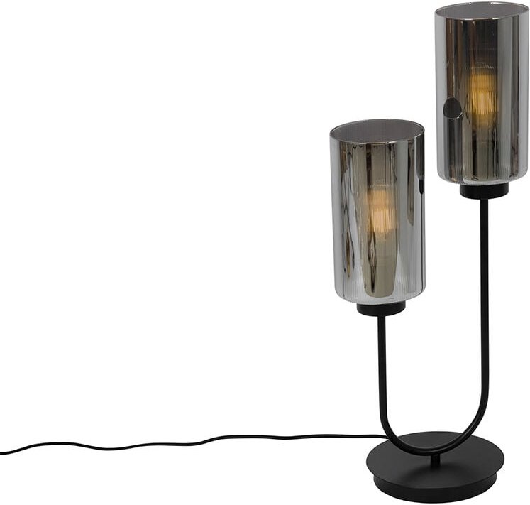 Art-Deco-Tischlampe schwarz mit Rauchglas 2-flammig – Laura