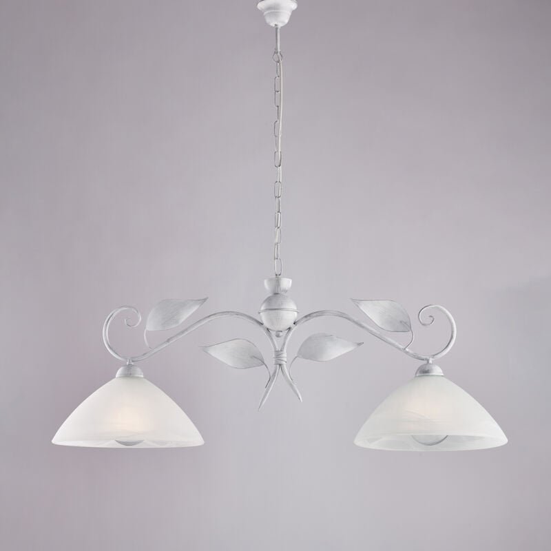 Lampadario in ferro laccato bianco con decorazione argento antico e diffusori in vetro diametro 30 alabastro bianchi 2 l...