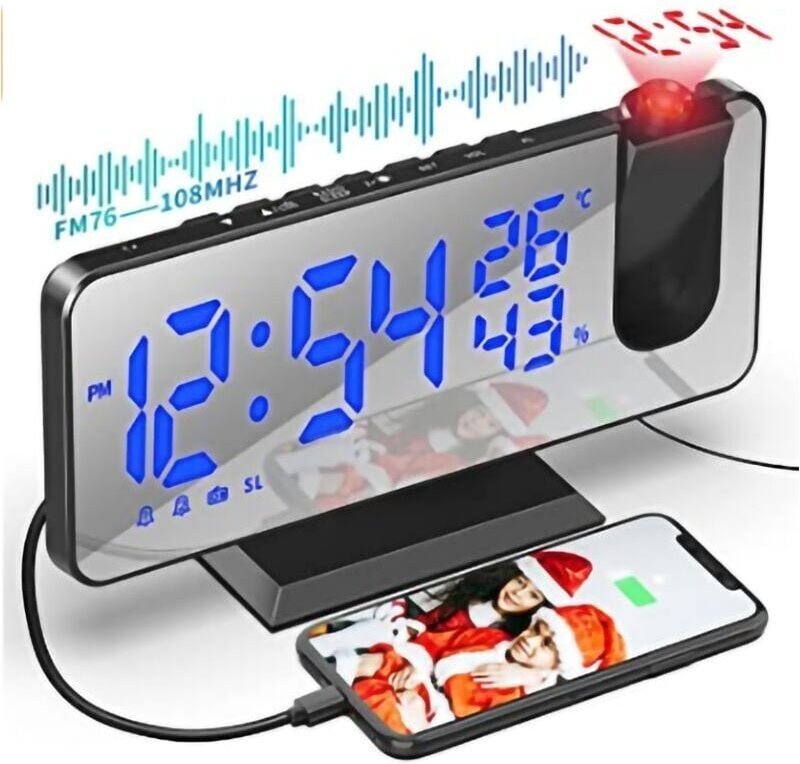 Deckenprojektor-Wecker, Deckenprojektions-Weckerradio, mit 7,5-Zoll-Spiegelbildschirm, Temperatur-USB-Anschluss, Doppelw...