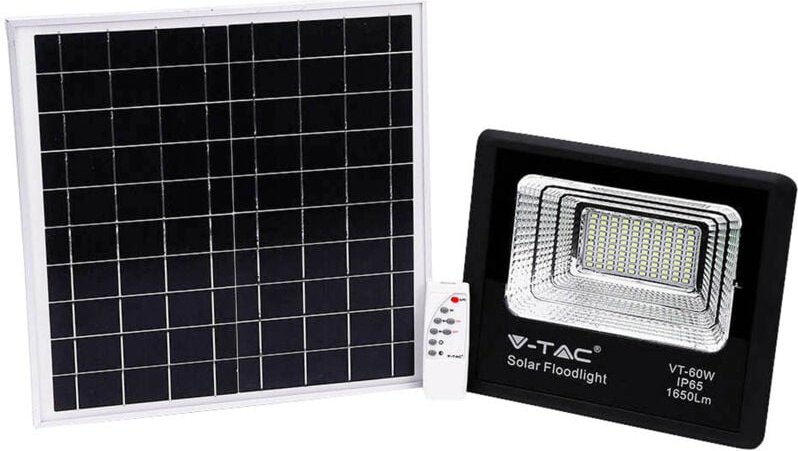 Vtac - v-tac LED-Flutlicht mit Fernbedienung, 20-W-Solarpanel, LiFePO4, Timer, 5-m-Kabel, Naturweiß, Schwarz, IP65