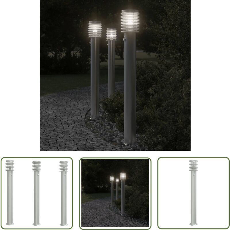 Wegeleuchten mit Bewegungsmelder 3 Stk. Silbern 110cm Edelstahl - Outdoor-Beleuchtung - Gartenlampe - LED-Lampe - Bewegu...