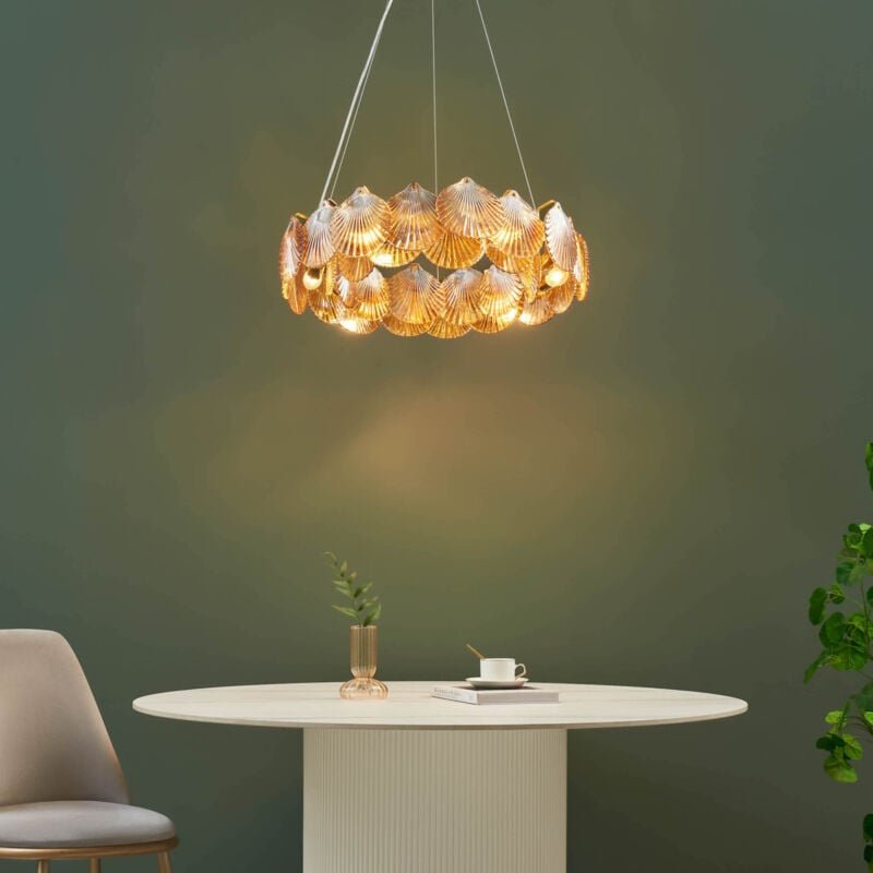 Hängelampe mit muschelförmigen bernsteinfarbenen Glasschalen - Amanda