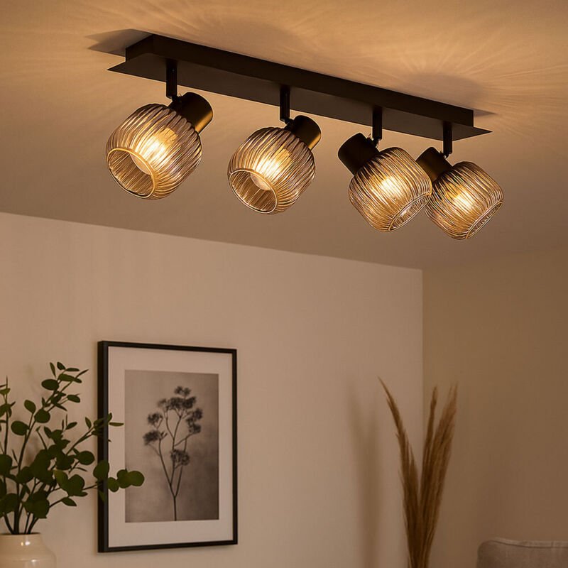 Deckenstrahler 4 flammig Wohnzimmerlampe Deckenleuchte Rauchglas Deckenlampe verstellbar, 4x E14, LxH 69,5 x 13,7 cm