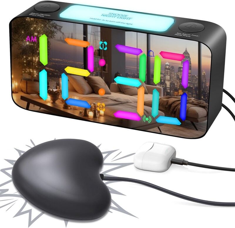 Vibrativer RGB-Wecker, Direktfabrik, 15 Farben, kraftvoller Ton, große Ziffern, großes Display, Zubehör inklusive – Schw...