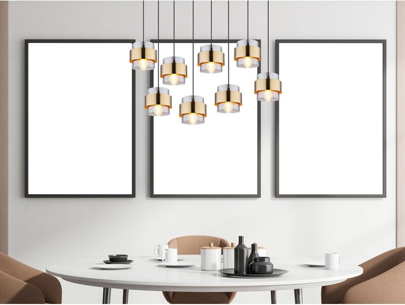 Meinewunschleuchte - led Pendelleuchte 8-flammig mit Rauchglas und Messing, Breite 103cm
