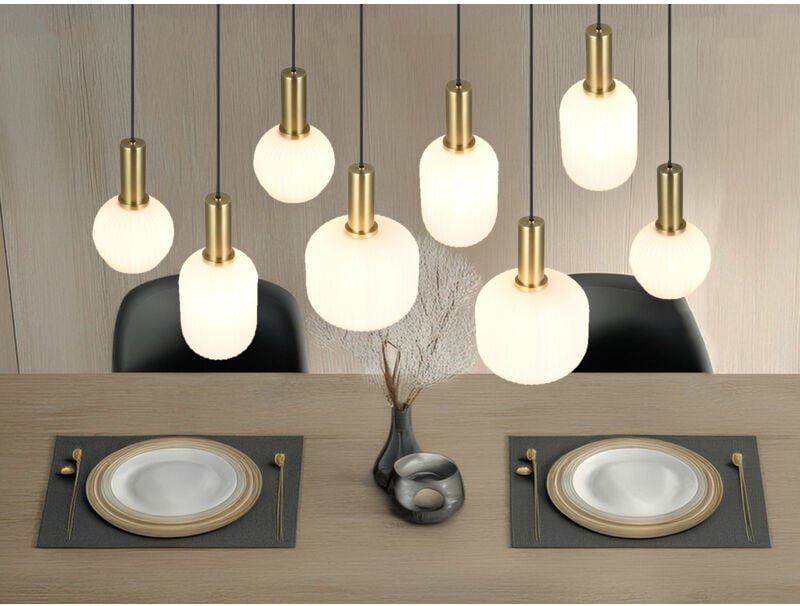 Retro led Pendelleuchte 8-flammig mit Glasschirmen in Weiß, Breite 120cm