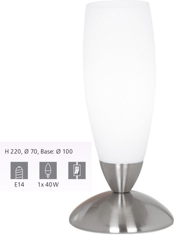Goblet-Tischlampe aus schlankem weißem Eglo-Glas.