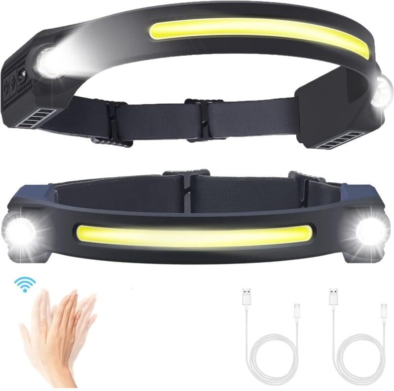 Wiederaufladbare LED-Stirnlampe, 2 Stück, Stirnlampe mit 5 Modi, Bewegungssensor, 260 Grad, wasserdicht, IPX4, USB C, fü...