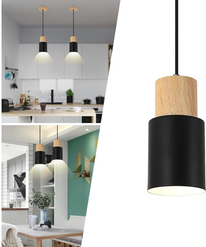 Comely - Vintage Pendelleuchte, Industrielle Deckenleuchte E27, Verstellbarer Retro Holz Kronleuchter für Küche, Wohnzim...