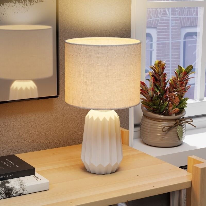 Tischlampe, Nachttischlampe, Schreibtischlampe mit Leinenschirm, Wippschalter, 22x22x39 cm, Weiß