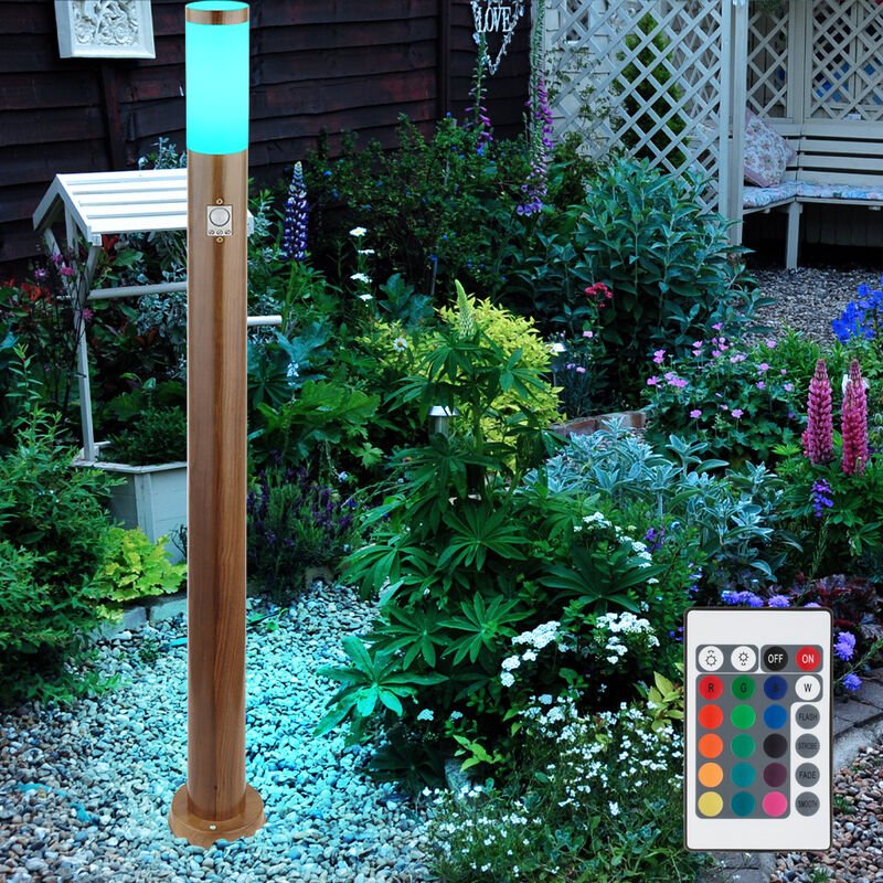Pollerleuchte mit Bewegungsmelder Außenlampe Sensor Standleuchte Holzoptik, Fernbedienung dimmbar, Edelstahl, 1x rgb led...