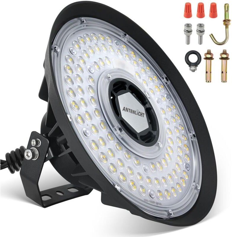 Antenlicht LED Hallenstrahler 200W Kaltweiß UFO Ø30cm Highbay Industrielampe Werkstattlampe IP65 wasserdichte Pendelleuc...
