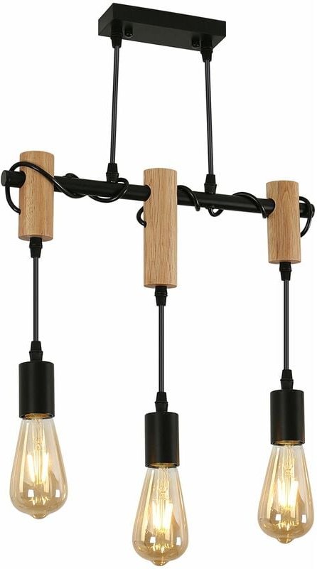 COMELY Hängeleuchte aus Rustikale schwarzem Holz mit drei Leuchtenköpfen für E27-Fassungen - ohne Leuchtmittel