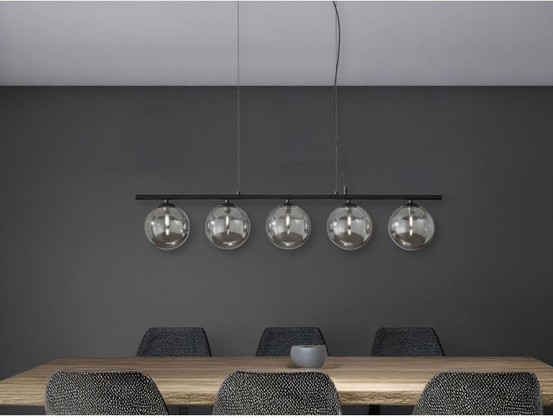LED Pendelleuchte 5-flammig Schwarz-Glaskugeln Rauchglas, Breite 100cm