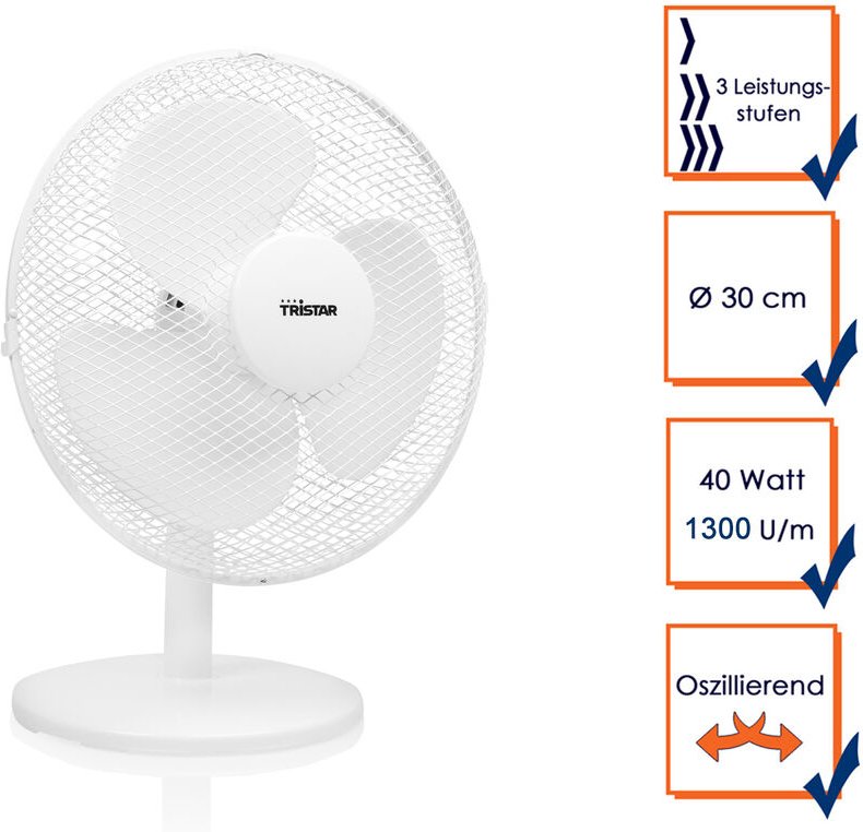 Tischventilator Weiß Ø 30cm 3-Stufen 1489,2m³/Std Oszillierend