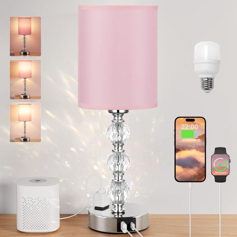 Pink Touch Nachttischlampen für Schlafzimmer – Kristall-Tischlampe mit USB-C+A-Ladeanschluss und AC-Steckdose, 3-stufig ...