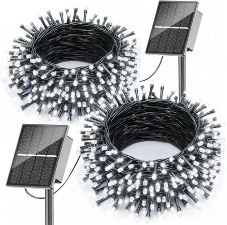 Set mit 2 Solar-Weihnachtslichterketten für den Außenbereich, 12 m, 100 LEDs, 8 Beleuchtungsmodi, wasserdicht, für Garte...