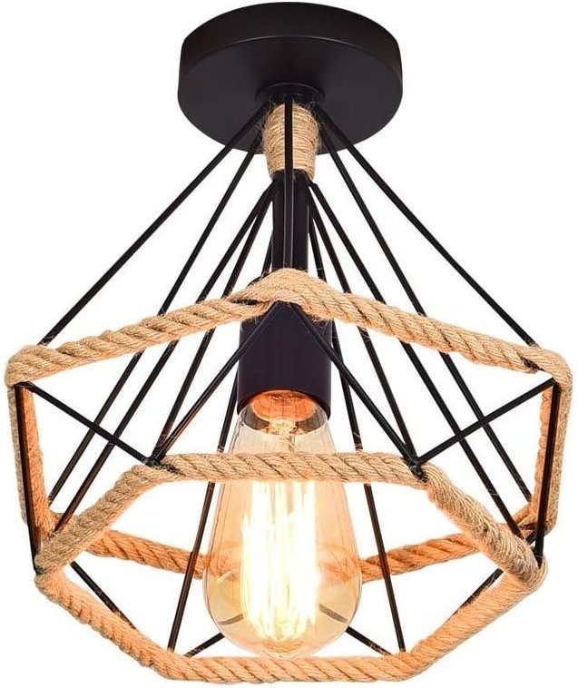 Vintage Retro Deckenlampe, Industrielle Deckenlampe, Rautenform, Metallkäfig mit Hanfseil, Eisenpendelleuchte, Beleuchtu...