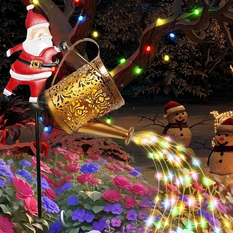 Solarbetriebene, beleuchtete Gießkanne mit Weihnachtsmann-Motiv – Originelle Weihnachtsdekoration mit Springbrunneneffek...