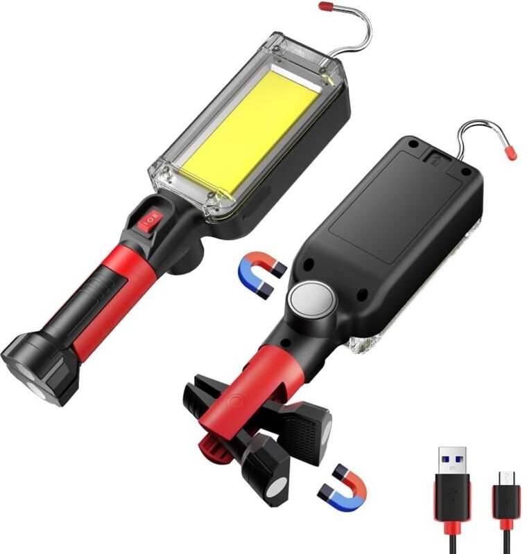 Wiederaufladbare COB-LED-Arbeitsleuchte – Magnetische, freihändige Fehlersuchleuchte mit 360° drehbarem Haken, wasserdic...