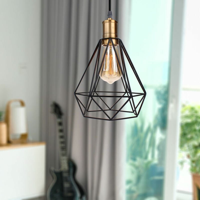 Pendelleuchte Diamant, 1 Flammig Kronleuchter mit Ø20cm Käfig, Hängelampe im Retro Look Bronze Fassung für Wohnzimmer Es...